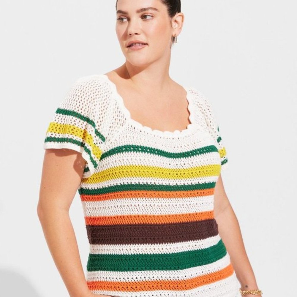 Torrid - Pullover Square Neck Flutter Sleeve Sweater in White with Multi Stripes